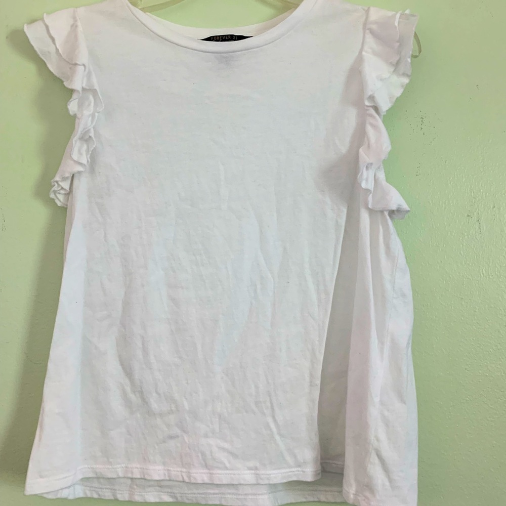 Forever 21 White Ruffle Sleeve Shirt (M)